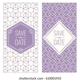 Two retro wedding invitation templates - abstract geometric patterned background and geometric frame. Monoline style. Vector illustration. Pale retro colors. Perfect for vintage wedding design.