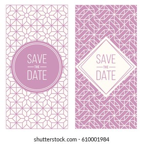 Two retro wedding invitation templates - abstract geometric patterned background and geometric frame. Monoline style. Vector illustration. Pale retro colors. Perfect for vintage wedding design.