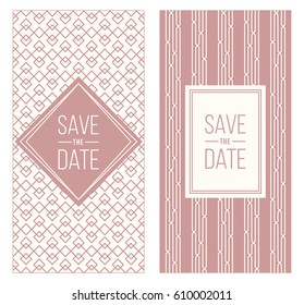 Two retro wedding invitation templates - abstract geometric patterned background and geometric frame. Monoline style. Vector illustration. Pale retro colors. Perfect for vintage wedding design.
