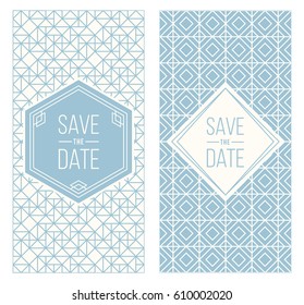 Two retro wedding invitation templates - abstract geometric patterned background and geometric frame. Monoline style. Vector illustration. Pale retro colors. Perfect for vintage wedding design.