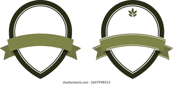 Two retro-style badge templates with olive green ribbon banners, teardrop shape design without background, ideal for branding or packaging