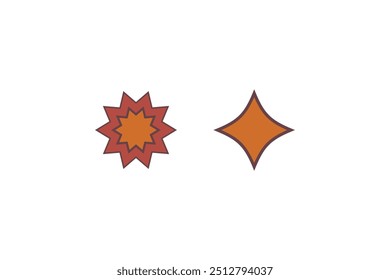 Two retro-style icons, a starburst and a diamond shape, with orange and red colors on a white background.