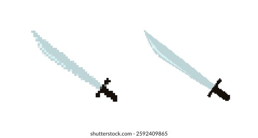 Two retro-style pixelated swords facing opposite directions, each with distinct light blue blades.