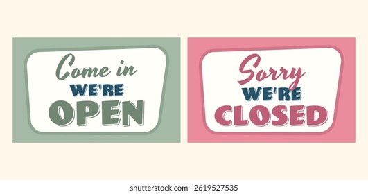 Two retro-style signs announce a business's open and closed status. Business vector illustration.