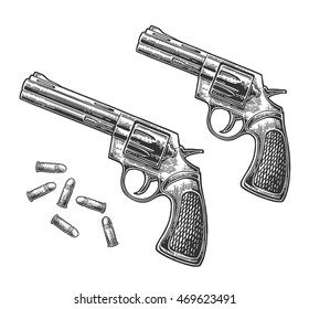 Two revolver with bullets. Short and long barrels. Vector engraving vintage illustrations. Isolated on white background. For tattoo, web, shooting club and label