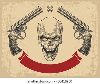 Two revolver with bullets, skull and ribbon. Vector engraving illustrations. Isolated on beige vintage background. For tattoo, web, shooting club and label