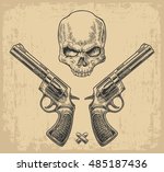 Two revolver with bullets and skull. Vector engraving illustrations. Isolated on beige vintage background. For tattoo, web, shooting club and label