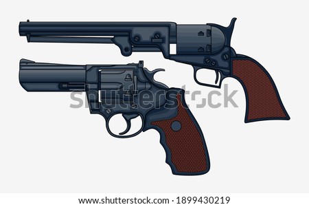 Two revolver pistols vector isolated illustration. Drawing of vintage Colt revolvers