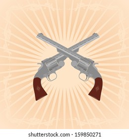 Two revolvers on an abstract background. Illustration on the background of diverging rays.