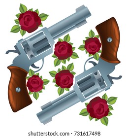 Two revolvers and roses. Vector illustration isolated on white background.