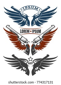 Two revolvers and wings emblem set isolated on white. Vector illustration.
