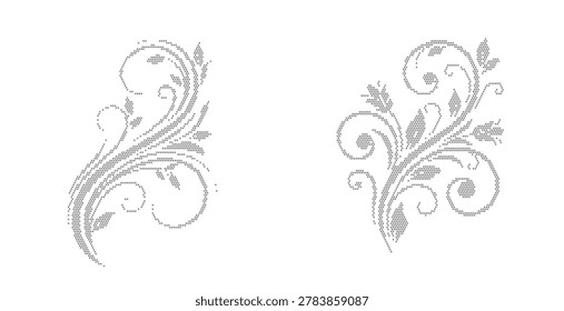 Two rhinestone designs featuring intricate floral swirls and leaves in a dotted pattern on a pure white background, ideal for fashion or jewelry concepts