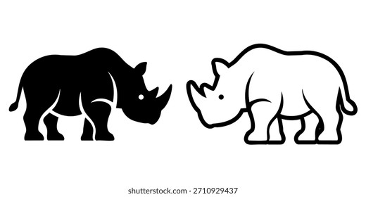 Two rhinoceroses standing side by side in simple bold line style wildlife illustration for safari and conservation themes.