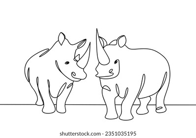 Two rhinos stand side by side. World Rhino Day. One line drawing for different uses. Vector illustration.