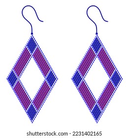 Two rhombus hole earrings combined with purple and light and dark blue, made of 3D cubes