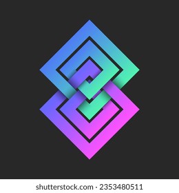 Two rhombus logo or chain square link symbol vibrant gradient creative design, overlapping of four rhombuses bright colorful infinity symmetry forms.
