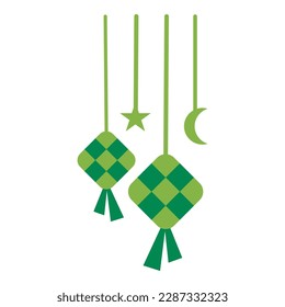 two rhombus rice dumpling or ketupat with star and crescent moon as lantern ornament for ramadan or eid celebration flat design illustration style