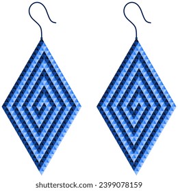 Two rhombus-shaped earrings, alternating light and dark blue in the direction of the spiral, made of triangles