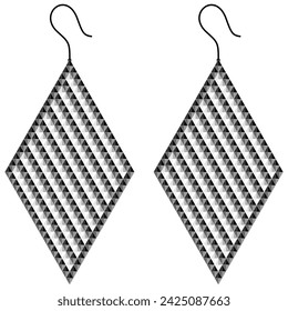 Two rhombus-shaped earrings, alternating white and black, made of triangles