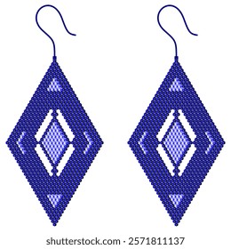 Two rhombus-shaped earrings with gaps in light and dark blue, made of 3D cubes