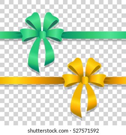 Two ribbons with bows on transparent background. Green and yellow narrow long lines with bright bows. Two bobs with four wide petals, with short tails in cartoon design. Front view. Flat style. Vector