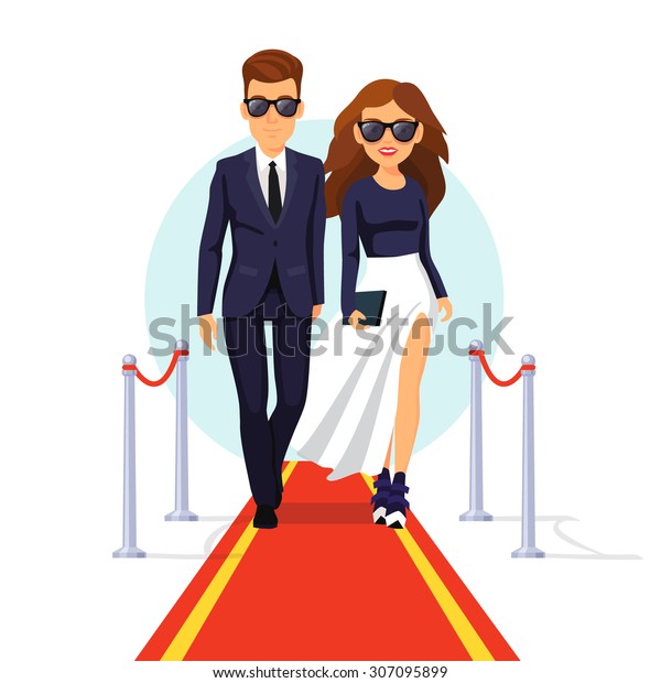 2人の金持ちで美しい有名人が赤いカーペットの上を歩いていた 白い背景に平らなスタイルのベクターイラスト のベクター画像素材 ロイヤリティフリー