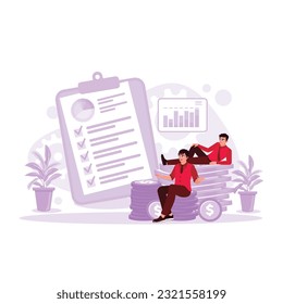 Two rich millionaires sat on piles of cash excitedly. Note and chart background. Trend Modern vector flat illustration.