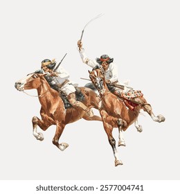 Two riders on horses, wearing traditional attire, engaged in dynamic action. Horses galloping, riders in motion, traditional clothing. Energetic scene. Isolated vintage vector element.