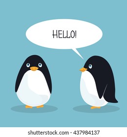 Two ridiculous animation penguins welcome each other. Card. Vector illustration