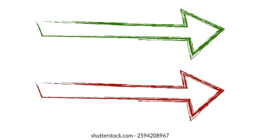 Two right-facing arrows with a rough, grunge-style outline in green and red, symbolizing direction, movement, choice, and decision-making. Vector illustration