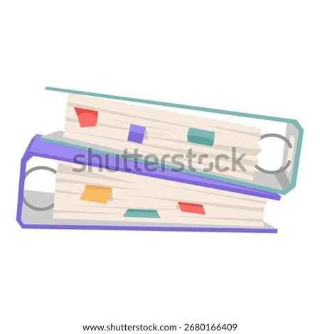 Two ring binders filled with documents and colorful index tabs, flat graphic style on white background. Concept of office or school organization. Vector illustration