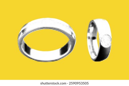 Two rings are beautifully displayed, designed with smooth curves and intricate details, set against a striking yellow backdrop. The halftone effect enhances their elegance and allure.