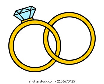 Dos anillos con un icono de la gema de diamante. Ilustración vectorial de dibujos animados aislada en fondo blanco.