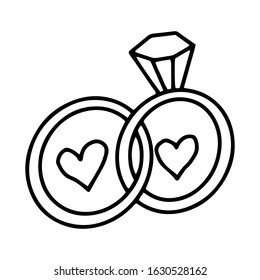 Two rings hand-drawn contour line drawing.Ring with a stone.The rings intersect. wedding, romantic relationships, love, lovers.Vector illustration.
