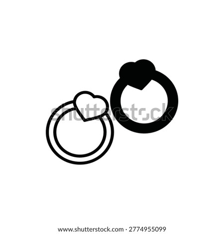 Two rings with heart accents, black and outline style, representing wedding bands, engagement, couple love, marriage, romance, commitment, or anniversary jewelry.