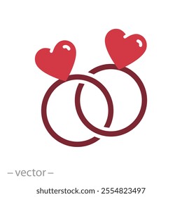 two rings with hearts for lovers icon, feelings and love, concept of valentines day, flat web symbol, vector illustration