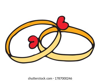 Two rings with hearts.  Valentine's Day.  Doodle style.  Drawn with an outline and filled with color.  Vector.