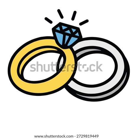 A two rings, one gold with blue diamond, symbolize love, marriage, and commitment