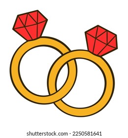 Two rings with red diamonds. Valentine's day. Cartoon flat icon. Vector illustration