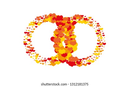 Two rings textured with hearts vector design. Two circles composed with heart confetti original illustration for logo, emblem, marriage, wedding decoration, invitation cards etc.