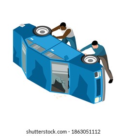 Two rioters damaging car with broken windows 3d isometric icon vector illustration