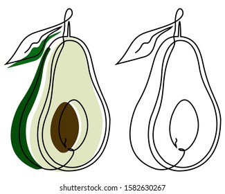 Two ripe avocado halves turned to the side, drawn by a solid inextricable line with colored substrates on one and without them on the other on a white background. Vector.