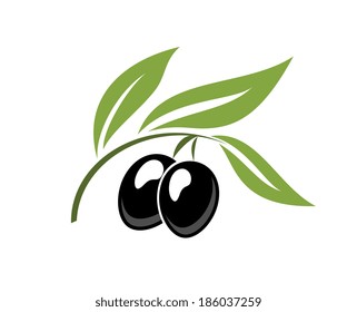 Two ripe black cartoon olives on a leafy green twig for vegetarian food concept design