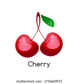 Two ripe cherries with a green leaf on a white background. Isolated object. 3D style 
