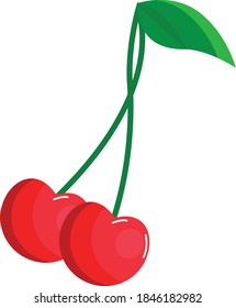
Two ripe cherries with a green leaf