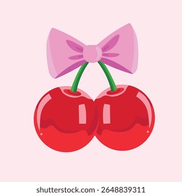 Dos cerezas maduras con subgrupos verdes y un lazo rosa atado en la parte superior.