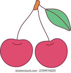 Dos cerezas maduras cuelgan juntas en subgrupos unidos con una sola hoja.