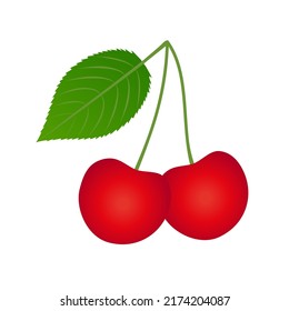 Two ripe cherries with a leaf on a white background.