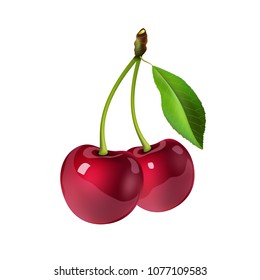 Two ripe cherries on a white background, delicious food, vitamins. 3D effect. Vector illustration. EPS10