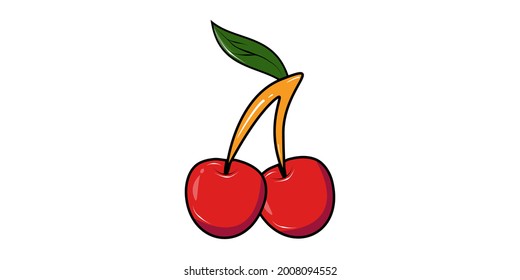 Two ripe cherries with one leaf on a white background